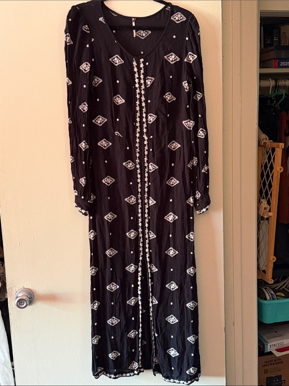 Free People Black Maxi Dress with White Embroidery